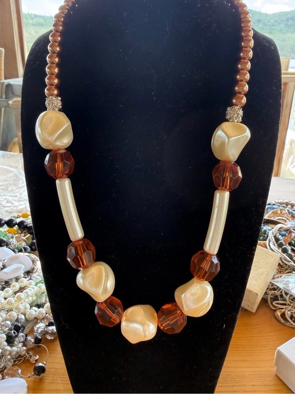 Women's Brown and Cream Beaded Necklace - Elegant Statement Jewelry